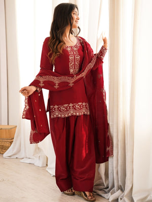 Rajwada Maroon Silk Blend Embellished Kurta Set For Women