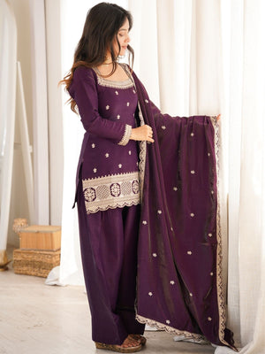 Rajwada Dark Purple Silk Blend Embellished Kurta Set For Women
