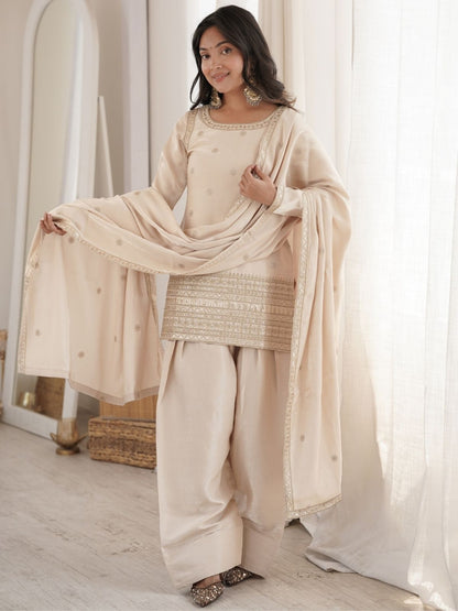 Rajwada Cream Silk Blend Embellished Kurta Set For Women
