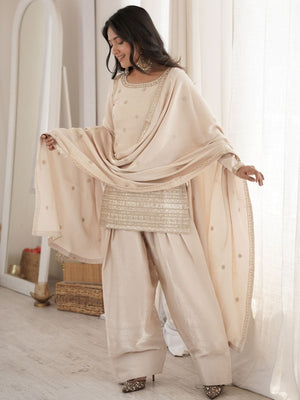 Rajwada Cream Silk Blend Embellished Kurta Set For Women