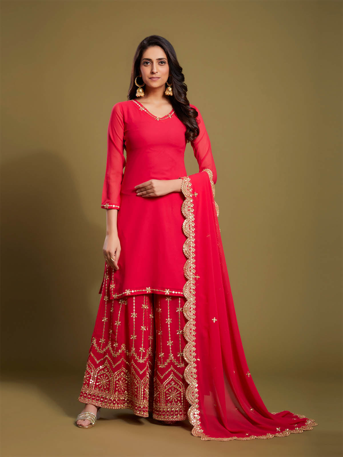 Rajwada - Pink Georgette Embellished Stitched Palazzo Set