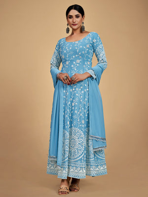 Rajwada Women Blue Georgette Embroidered Stitched Kurta Set