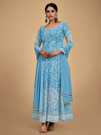 Rajwada Women Blue Georgette Embroidered Stitched Kurta Set