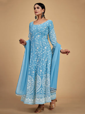 Rajwada Women Blue Georgette Embroidered Stitched Kurta Set