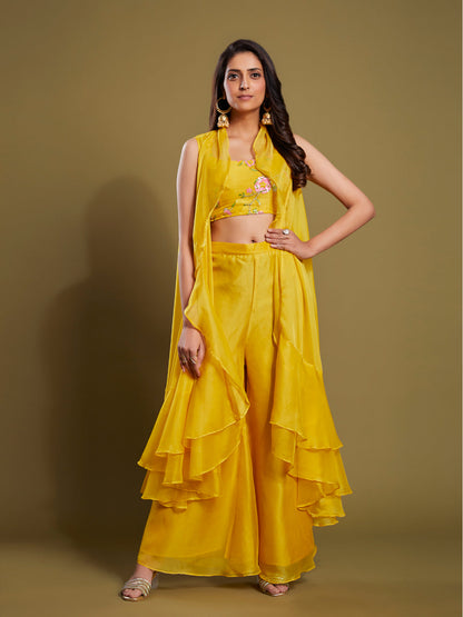 Rajwada - Yellow Embroidered Organza Stitched Indo Western Set