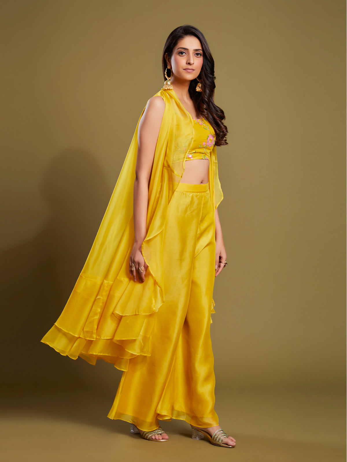 Rajwada - Yellow Embroidered Organza Stitched Indo Western Set