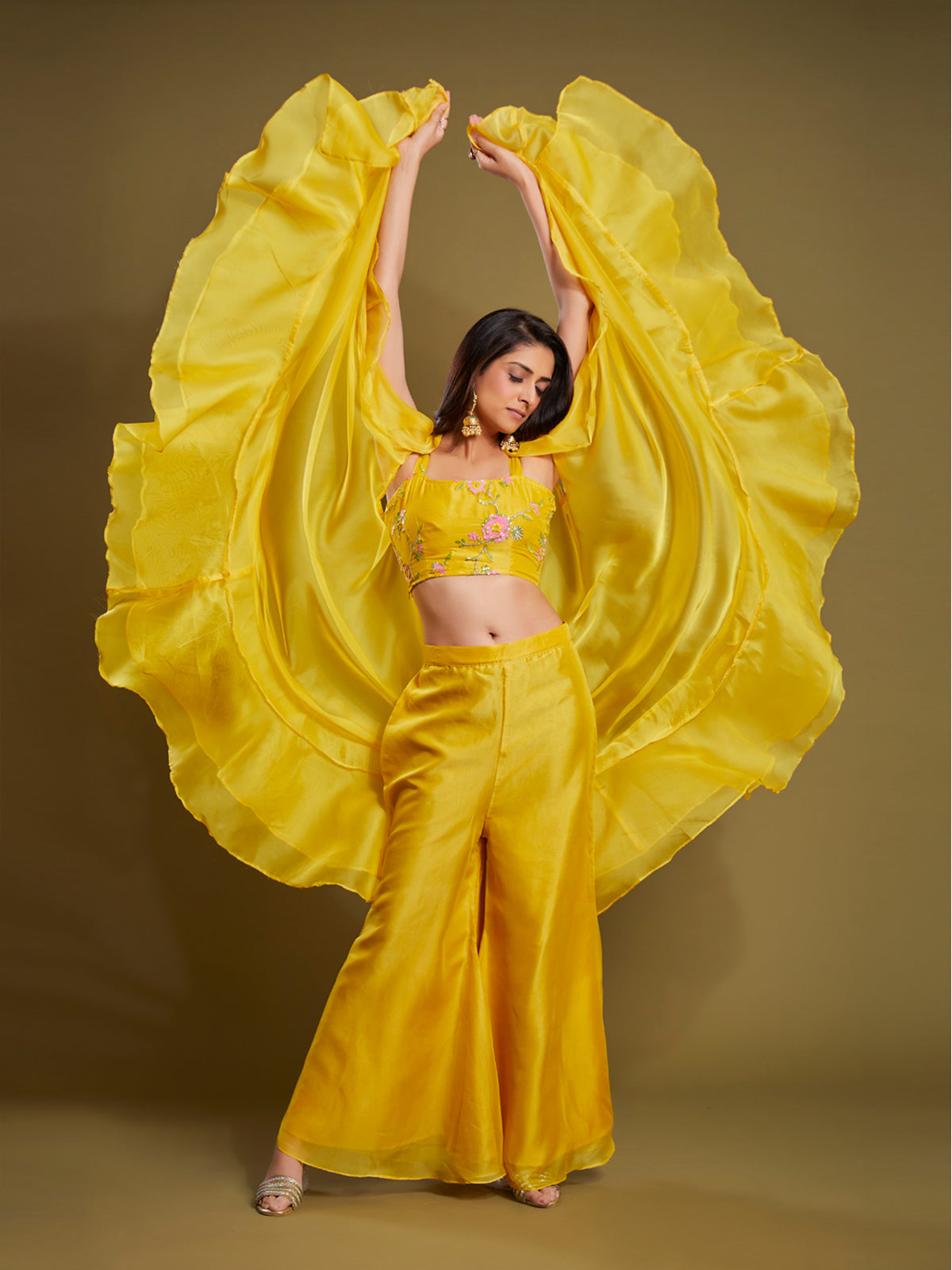 Rajwada - Yellow Embroidered Organza Stitched Indo Western Set