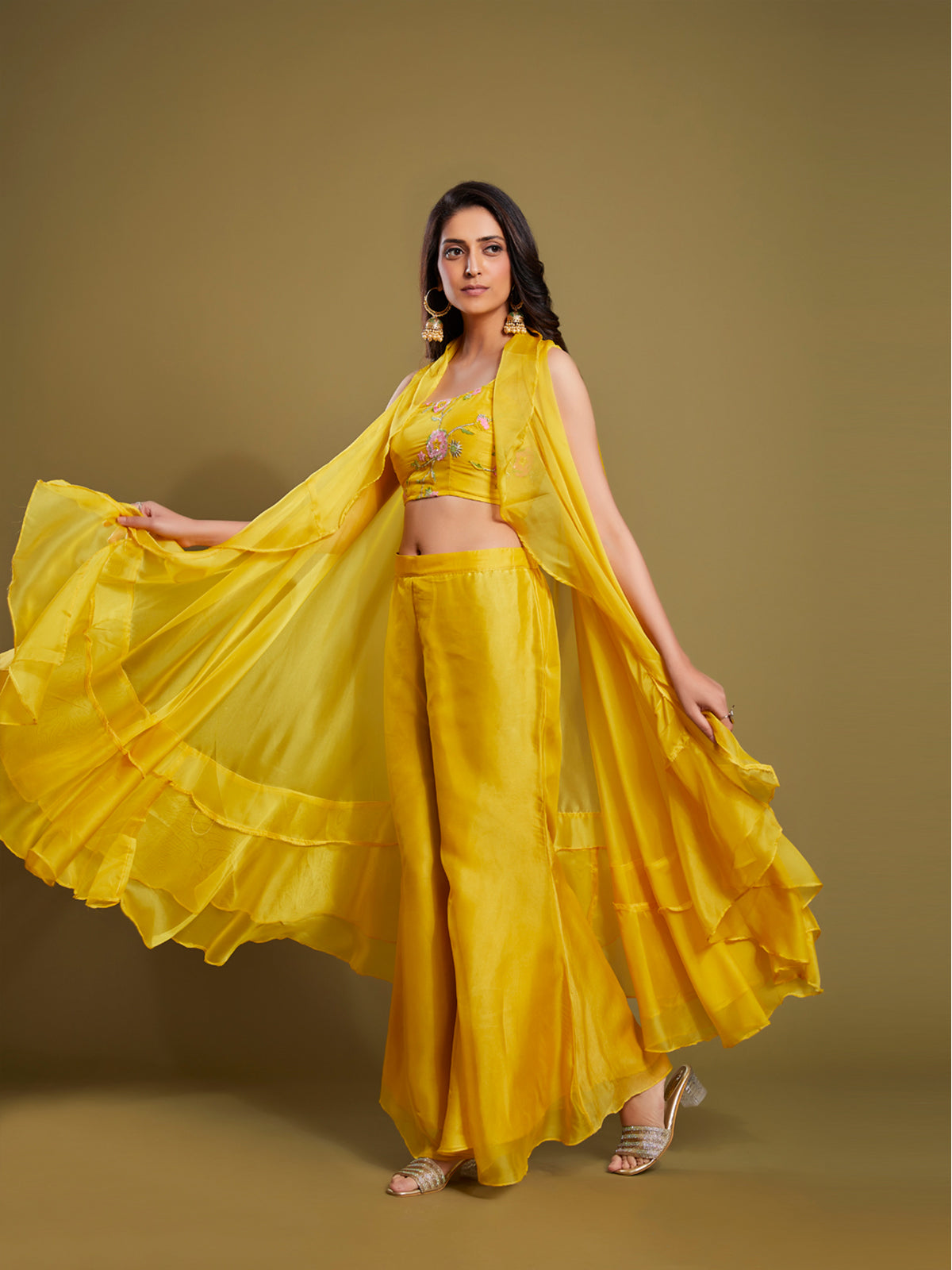 Rajwada - Yellow Embroidered Organza Stitched Indo Western Set