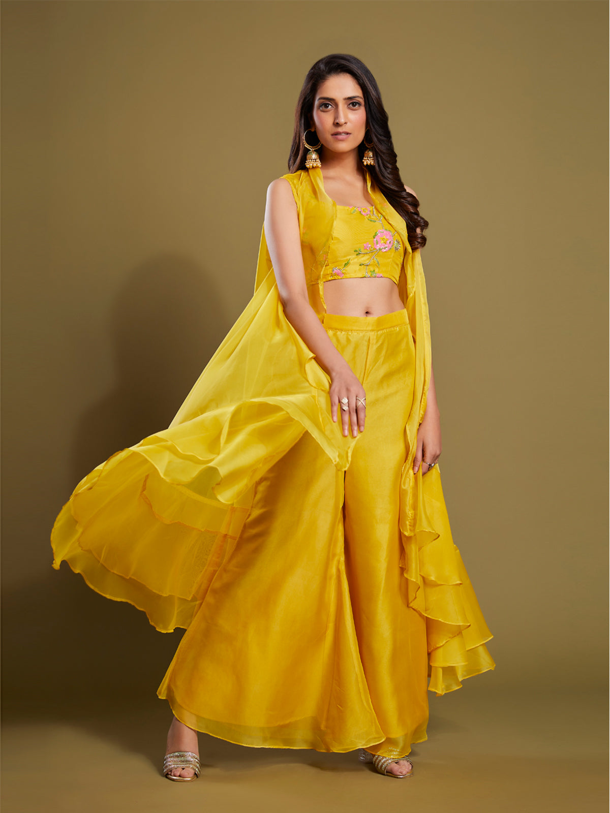 Rajwada - Yellow Embroidered Organza Stitched Indo Western Set
