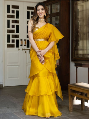 Rajwada Mustard Organza Solid Saree with Stitched Blouse for Women