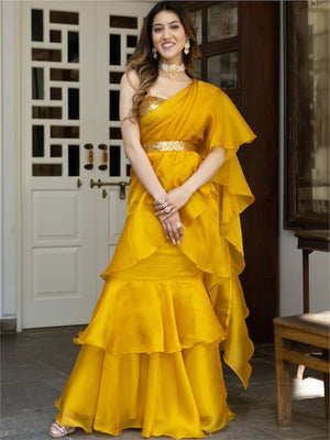 Rajwada Mustard Organza Solid Saree with Stitched Blouse for Women