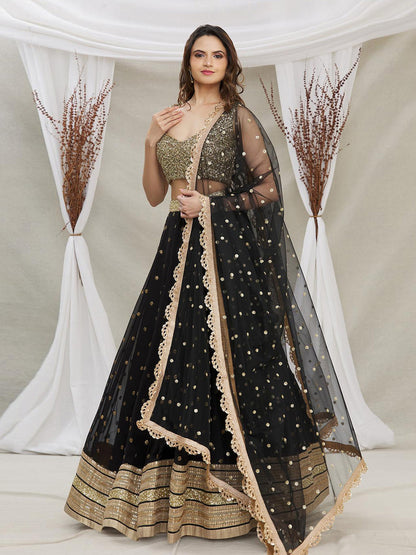 Rajwada Black And Gold Sequins Embroidered Semi Stitched Lehenga With Unstitched Blouse  For Women