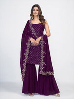 Violet Georgette Embroidered Stitched Kurta Set