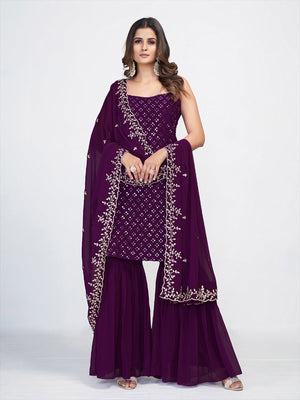 Violet Georgette Embroidered Stitched Kurta Set