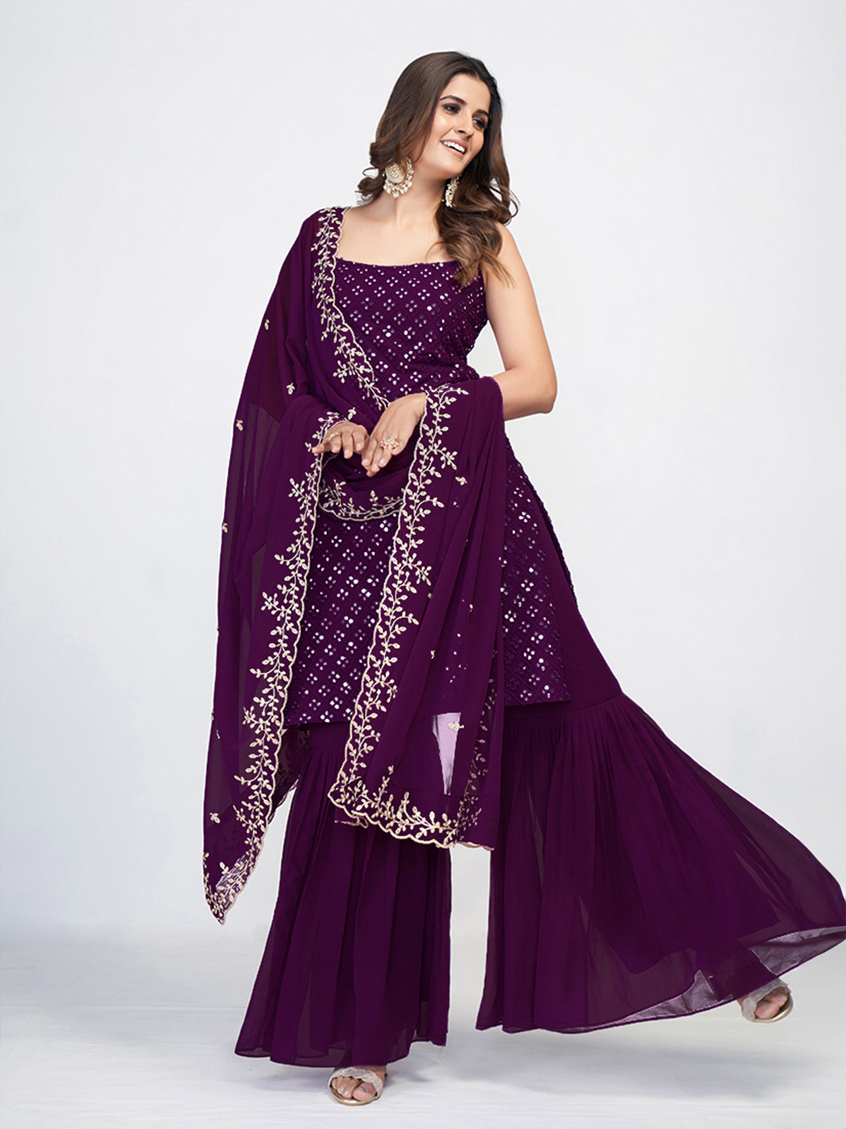 Violet Georgette Embroidered Stitched Kurta Set