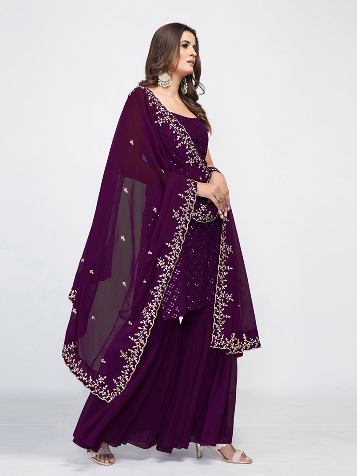 Violet Georgette Embroidered Stitched Kurta Set