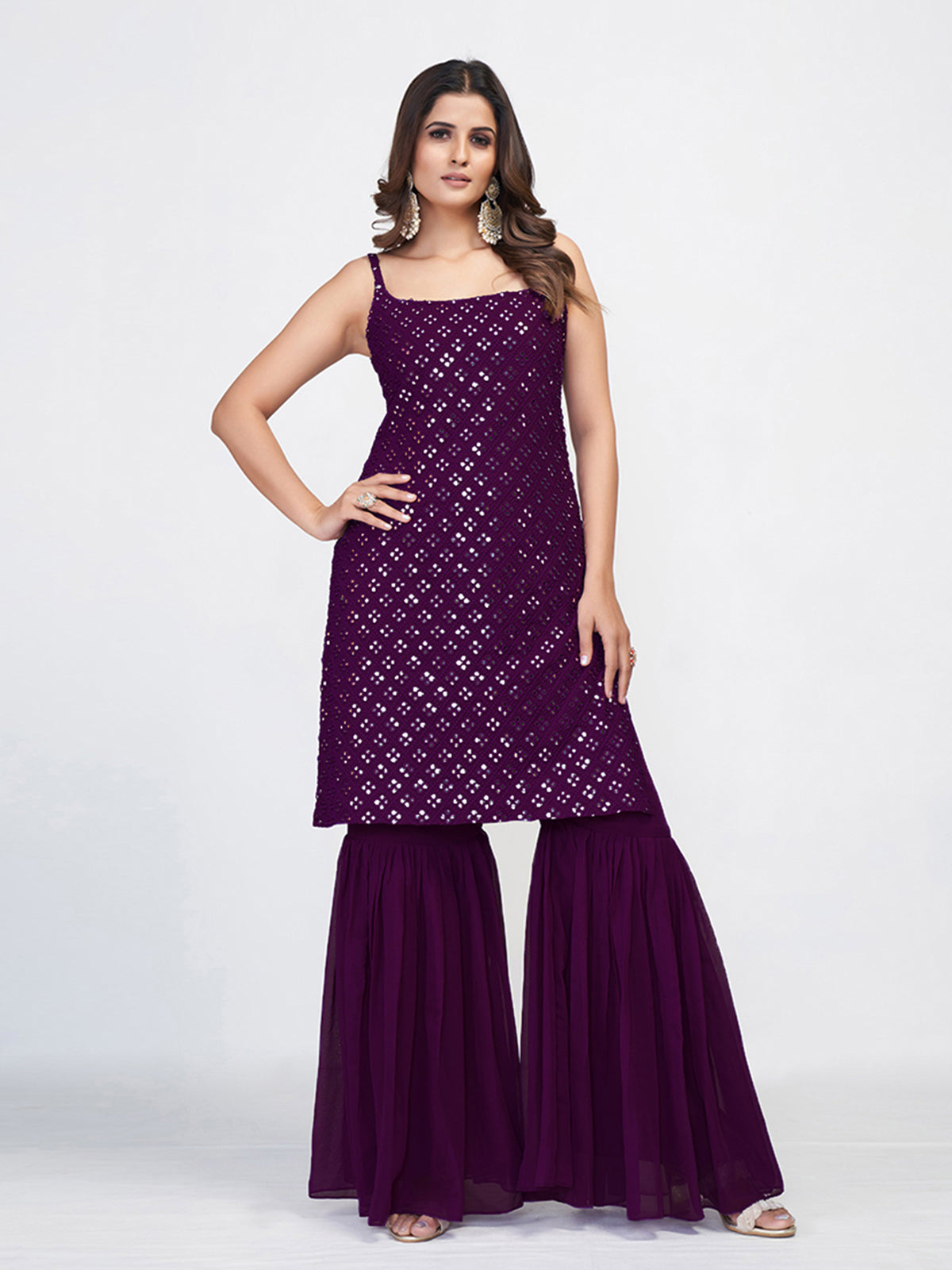 Violet Georgette Embroidered Stitched Kurta Set