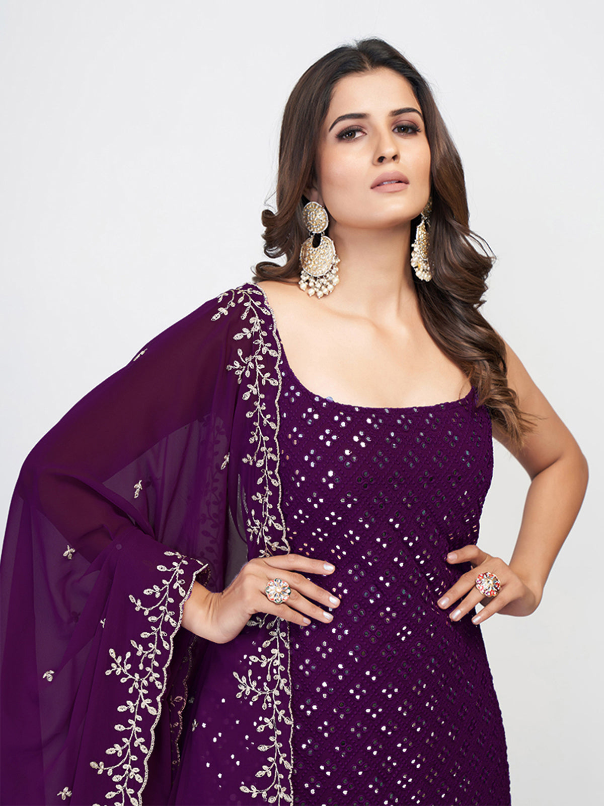 Violet Georgette Embroidered Stitched Kurta Set