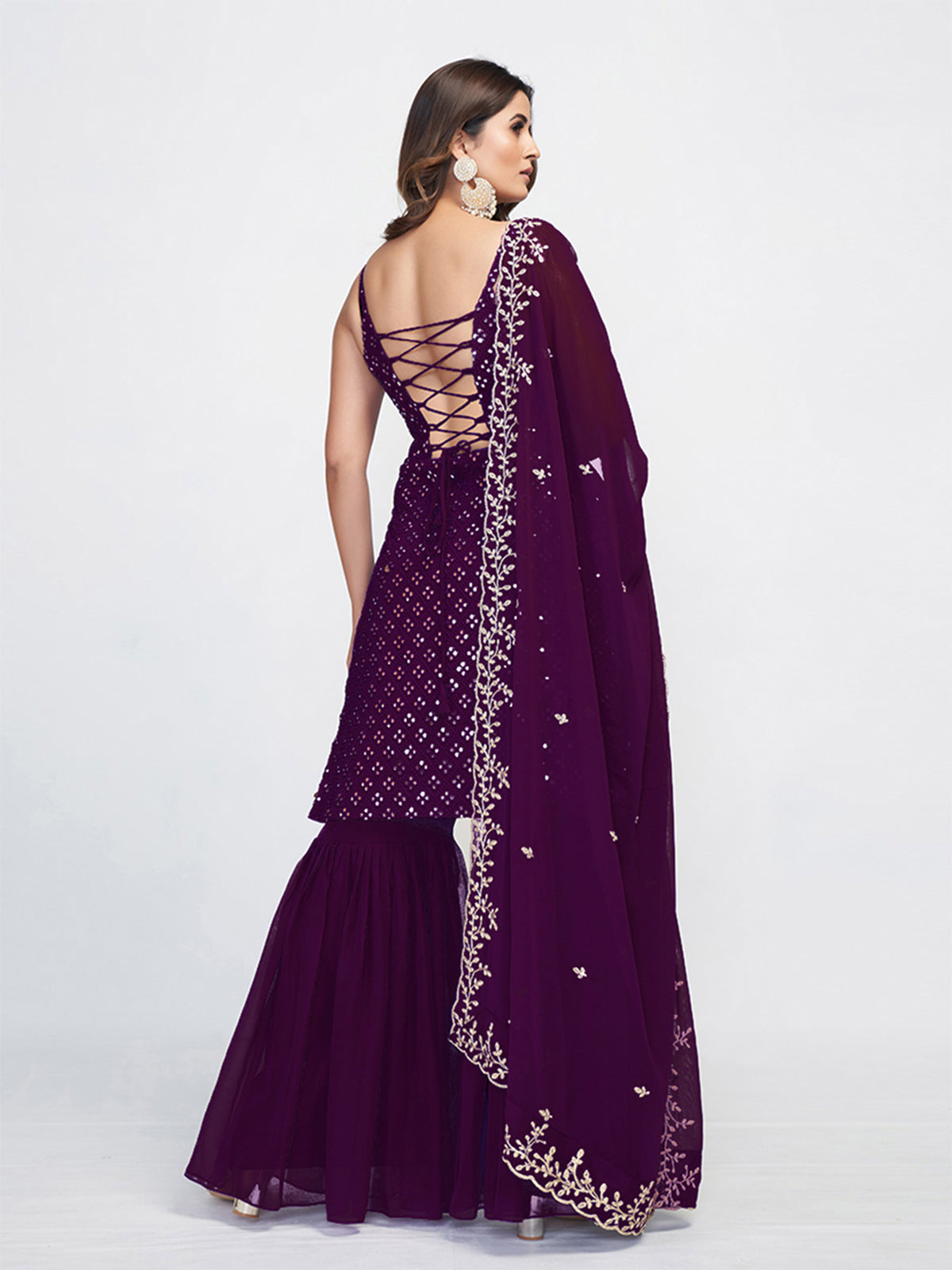 Violet Georgette Embroidered Stitched Kurta Set