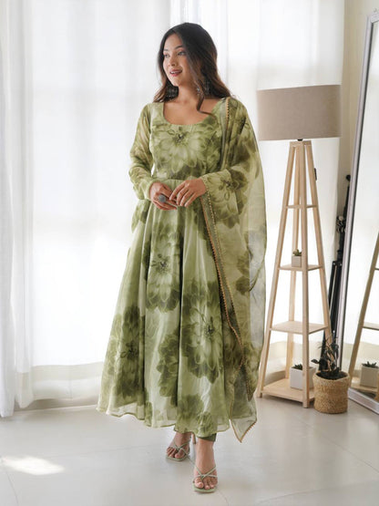 Rajwada Women Green Organza Printed Stitched Kurta With Dupatta