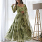 Rajwada Women Green Organza Printed Stitched Kurta With Dupatta