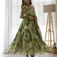 Rajwada Women Green Organza Printed Stitched Kurta With Dupatta