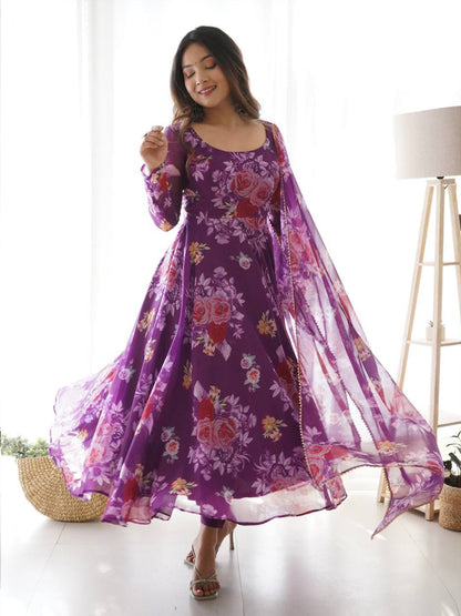 Rajwada Women Purple Printed Organza Stitched Kurta With Dupatta