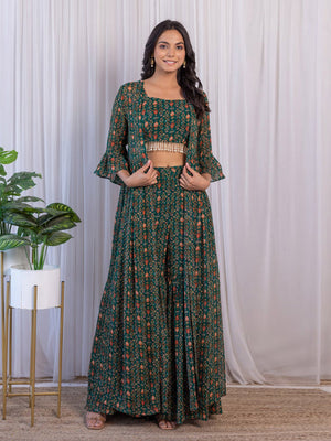 Rajwada Green Georgette Co-Ord Set With Shrug For Women