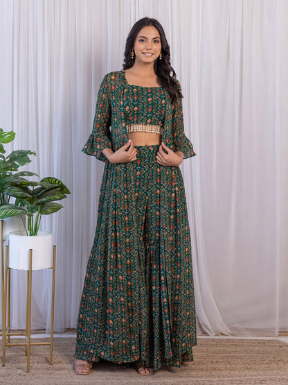 Rajwada Green Georgette Co-Ord Set With Shrug For Women