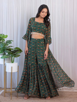 Rajwada Green Georgette Co-Ord Set With Shrug For Women