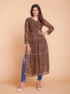 Rajwada Women Brown Faux Georgette Stitched Kurta