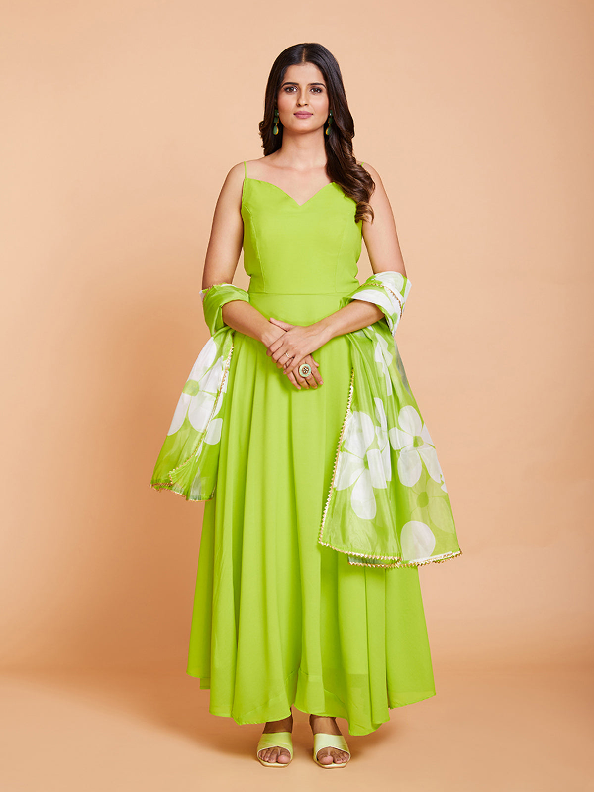 Green Faux Georgette Solid Stitched Gown