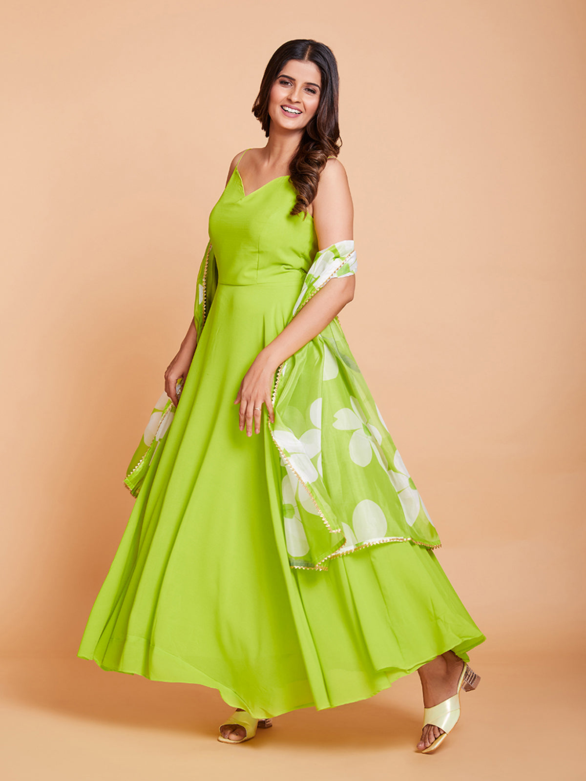 Green Faux Georgette Solid Stitched Gown
