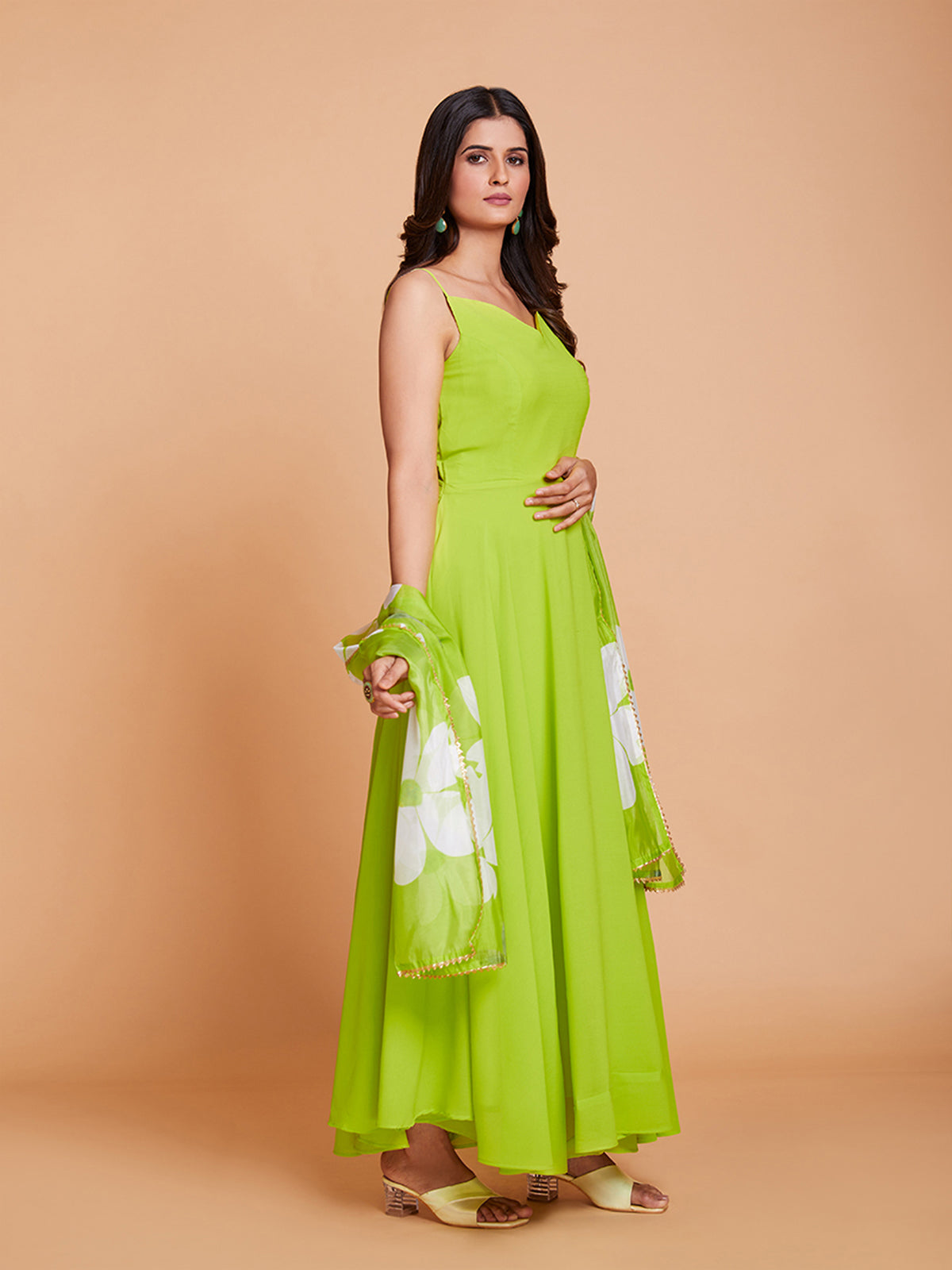 Green Faux Georgette Solid Stitched Gown