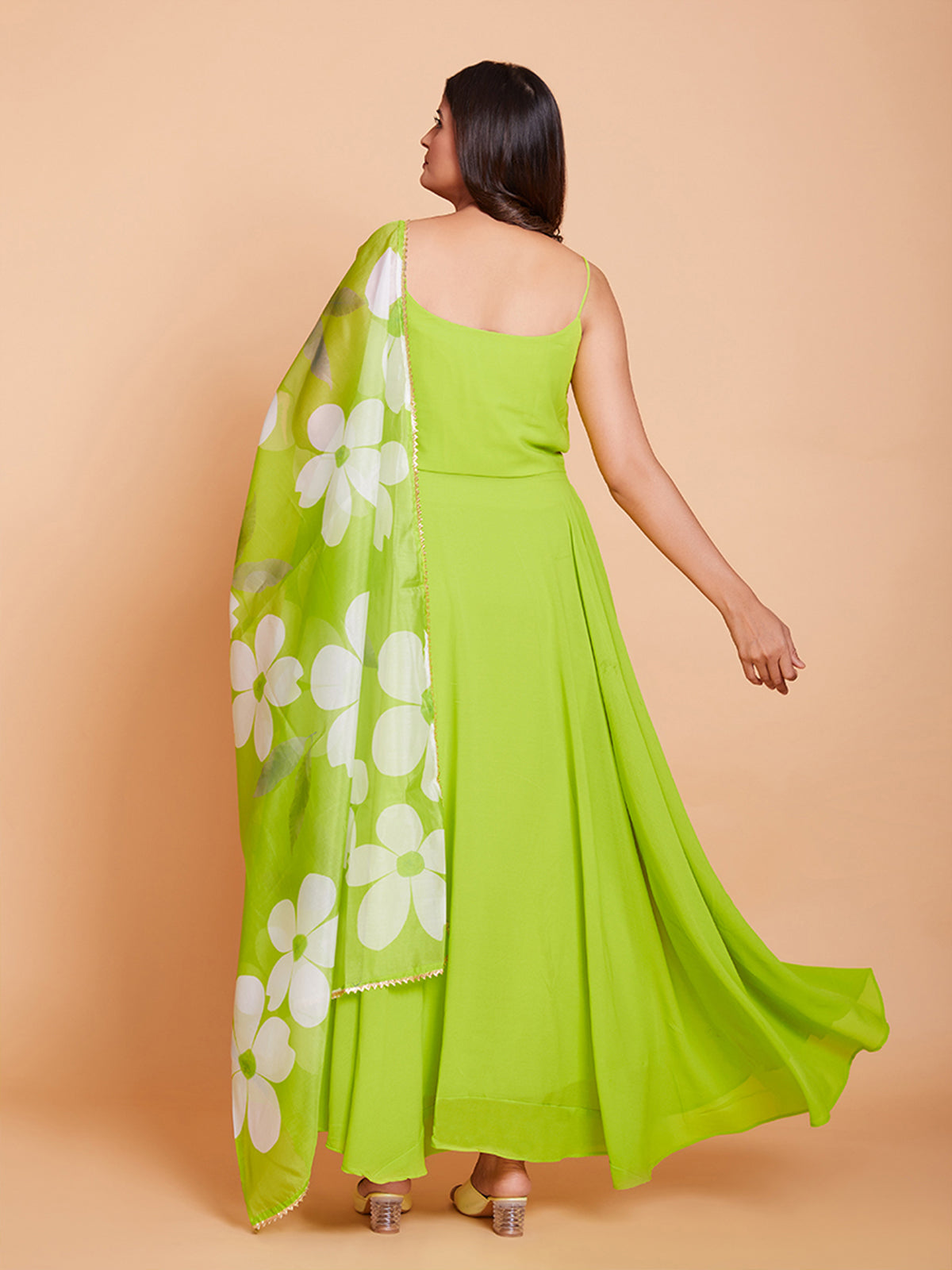 Green Faux Georgette Solid Stitched Gown