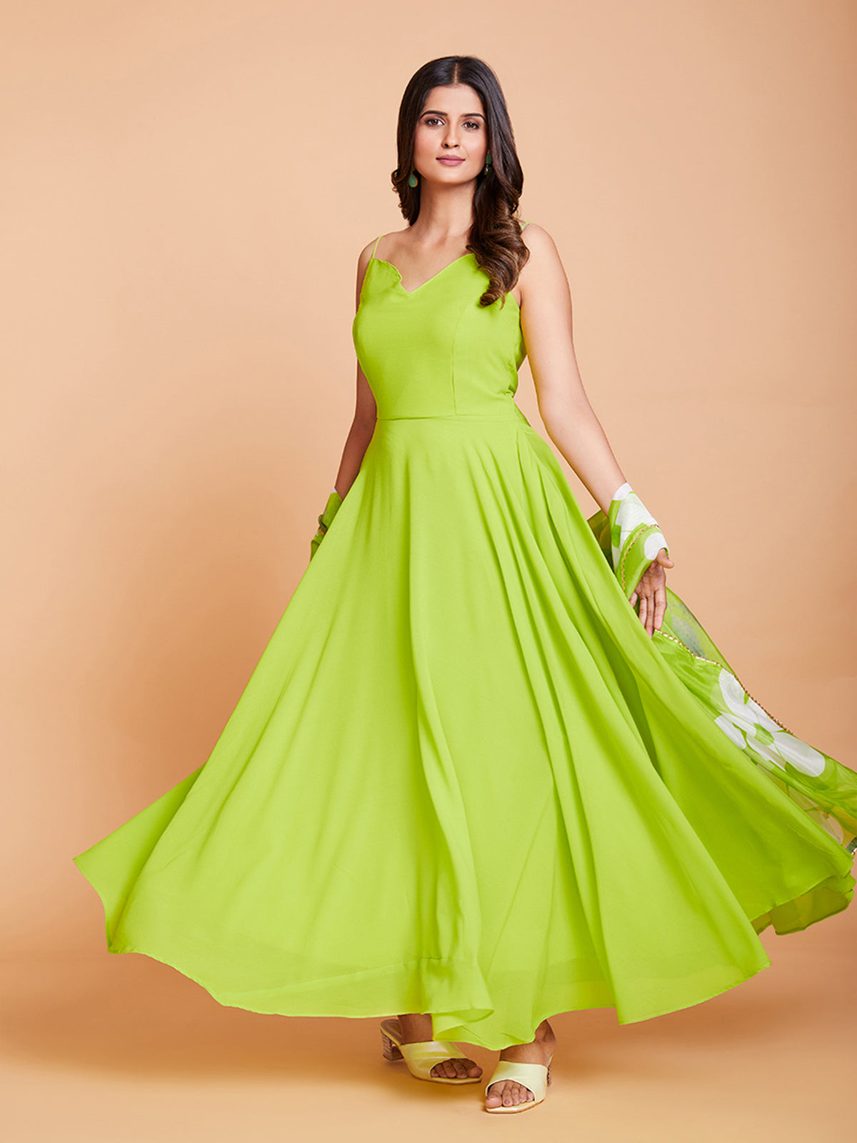 Green Faux Georgette Solid Stitched Gown