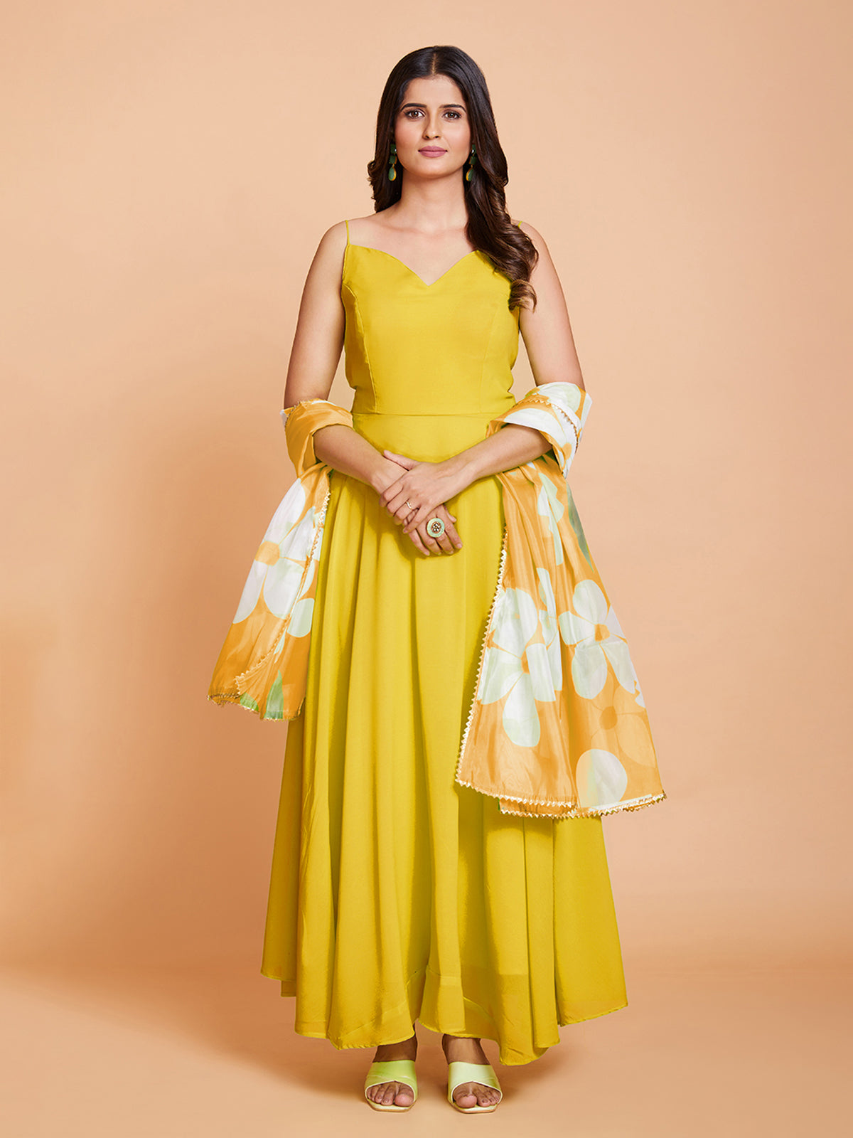 Yellow Faux Georgette Solid Stitched Gown