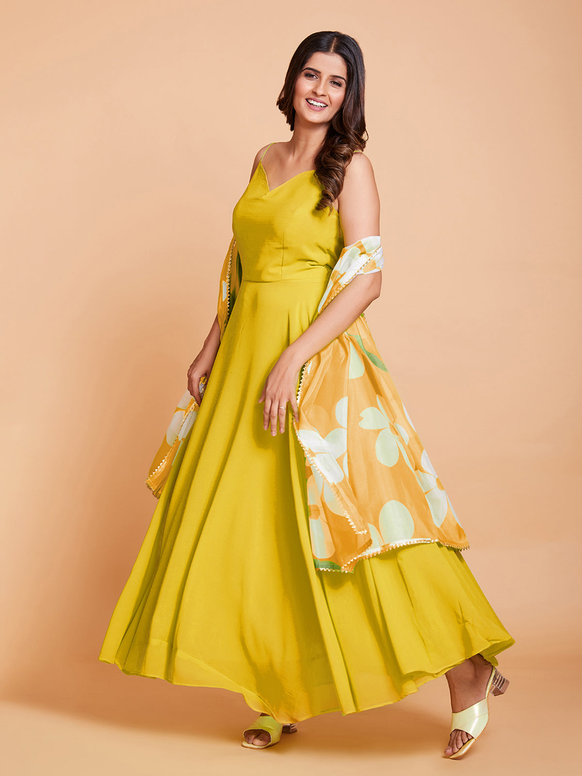 Yellow Faux Georgette Solid Stitched Gown