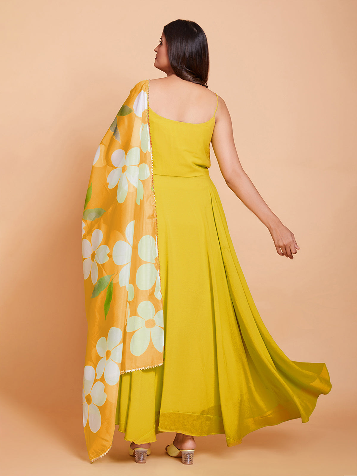 Yellow Faux Georgette Solid Stitched Gown