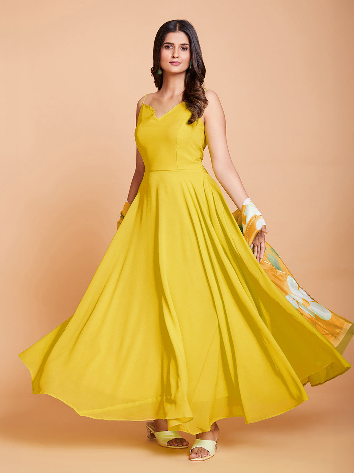 Yellow Faux Georgette Solid Stitched Gown