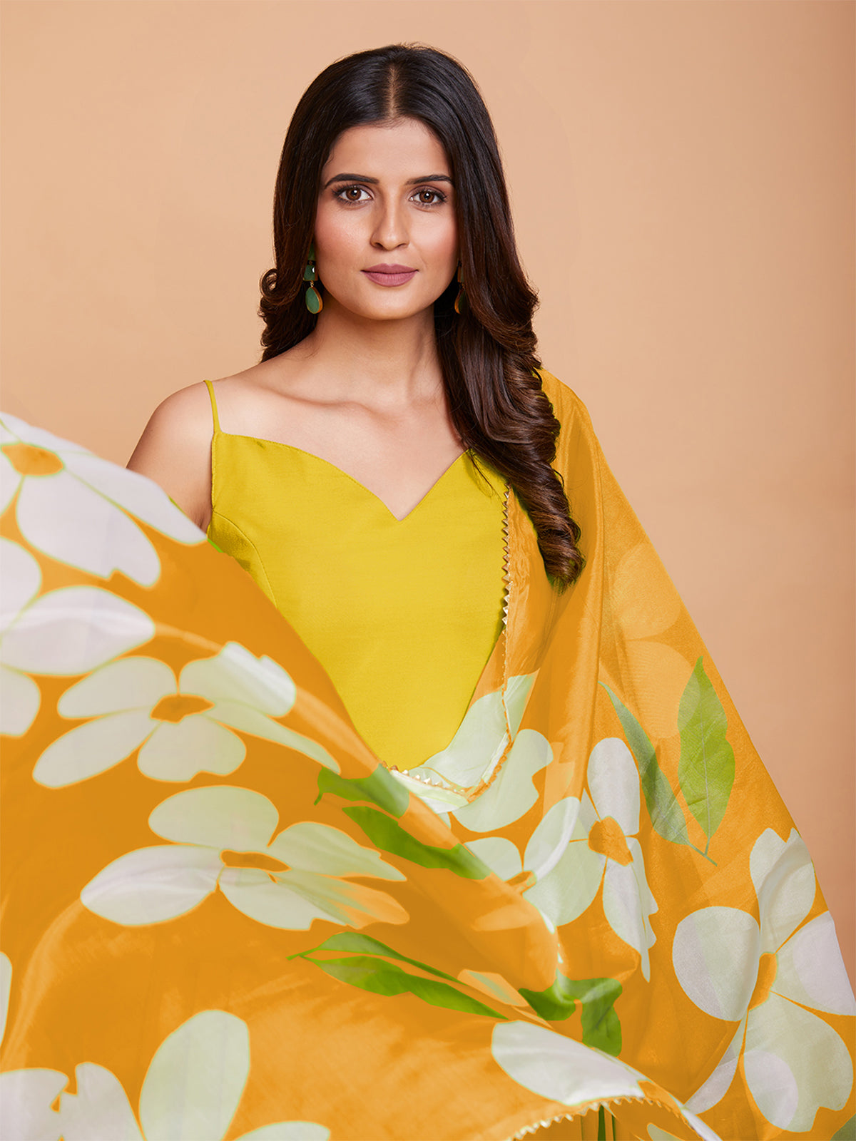 Yellow Faux Georgette Solid Stitched Gown