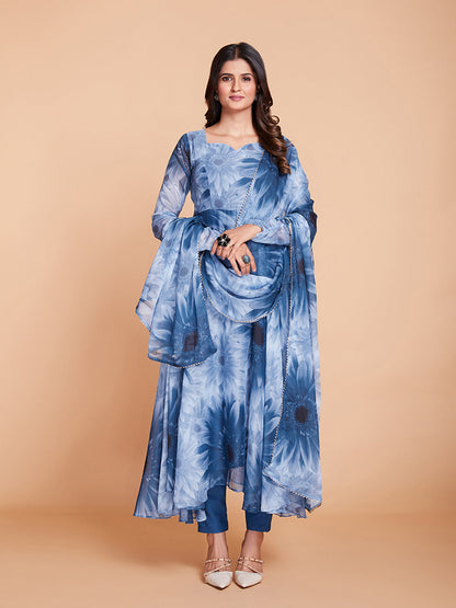 Blue Faux Georgette Printed Stitched Kurta Set