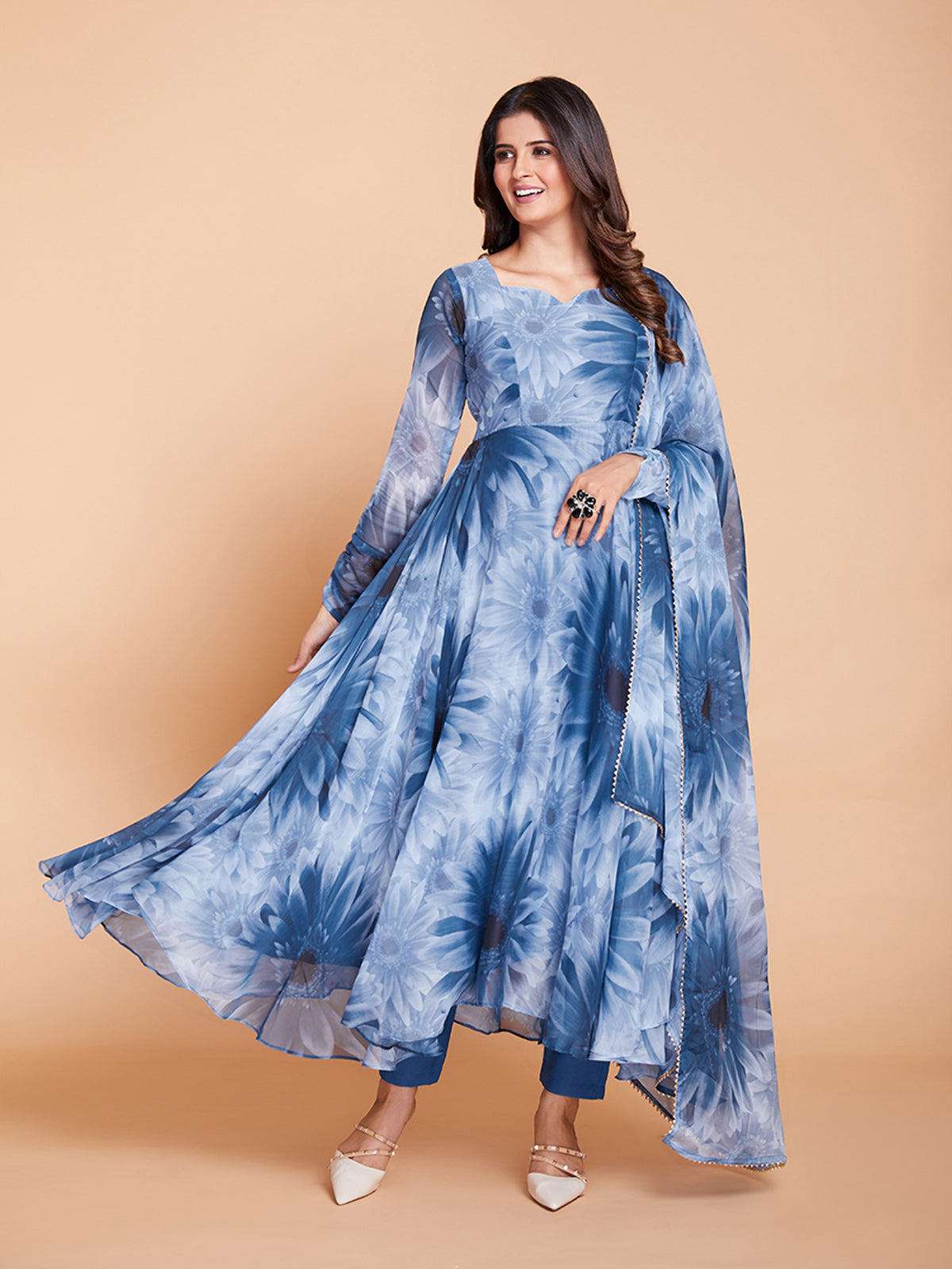 Blue Faux Georgette Printed Stitched Kurta Set