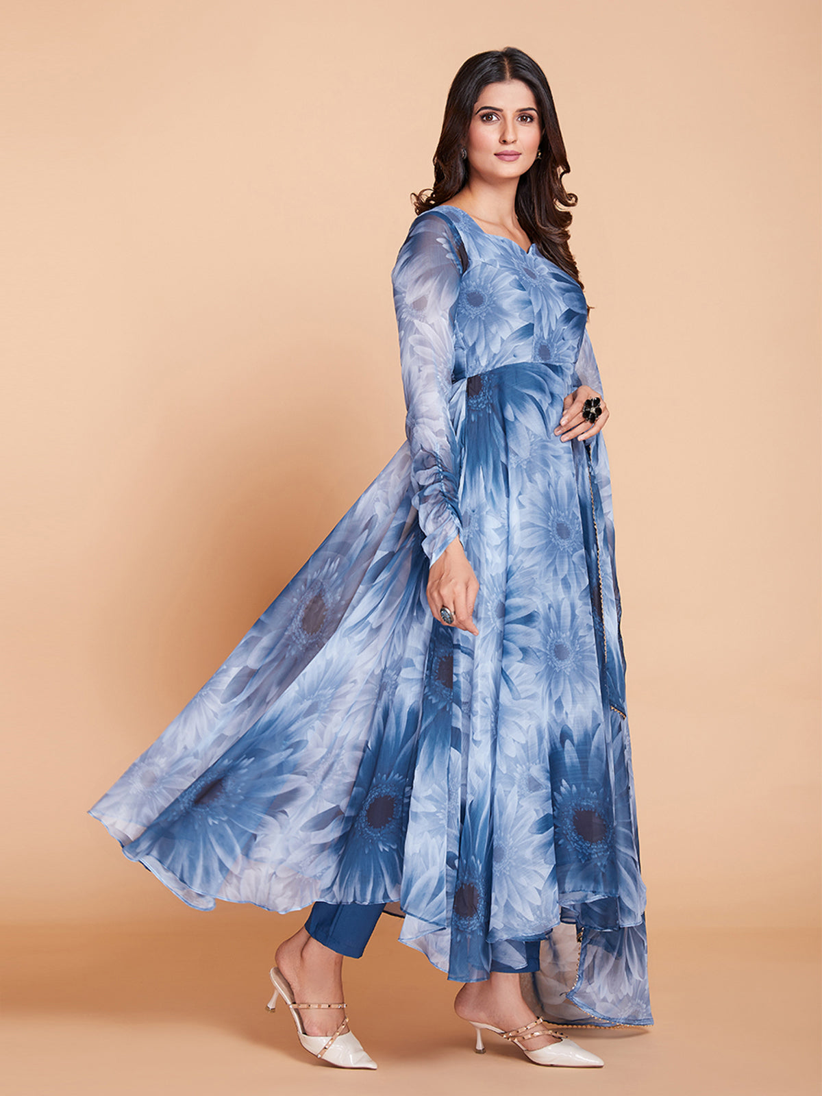 Blue Faux Georgette Printed Stitched Kurta Set