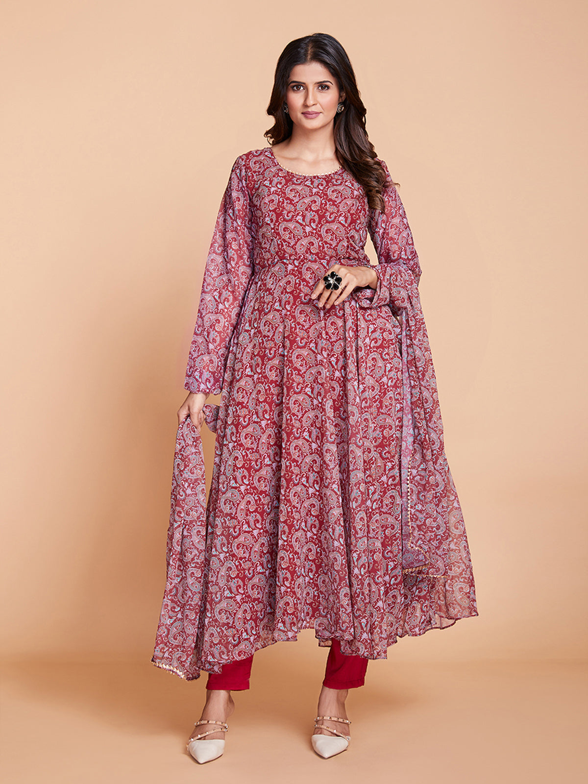 Maroon Faux Georgette Printed Stitched Kurta Set