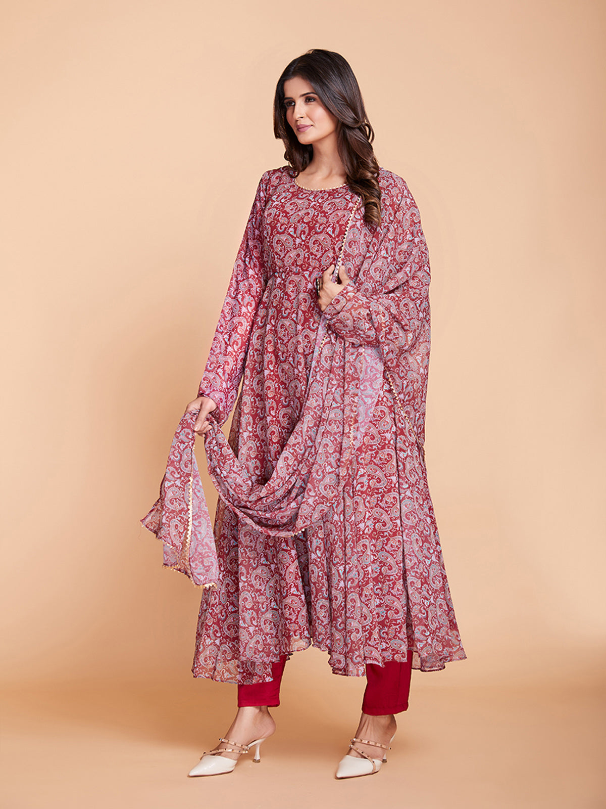 Maroon Faux Georgette Printed Stitched Kurta Set