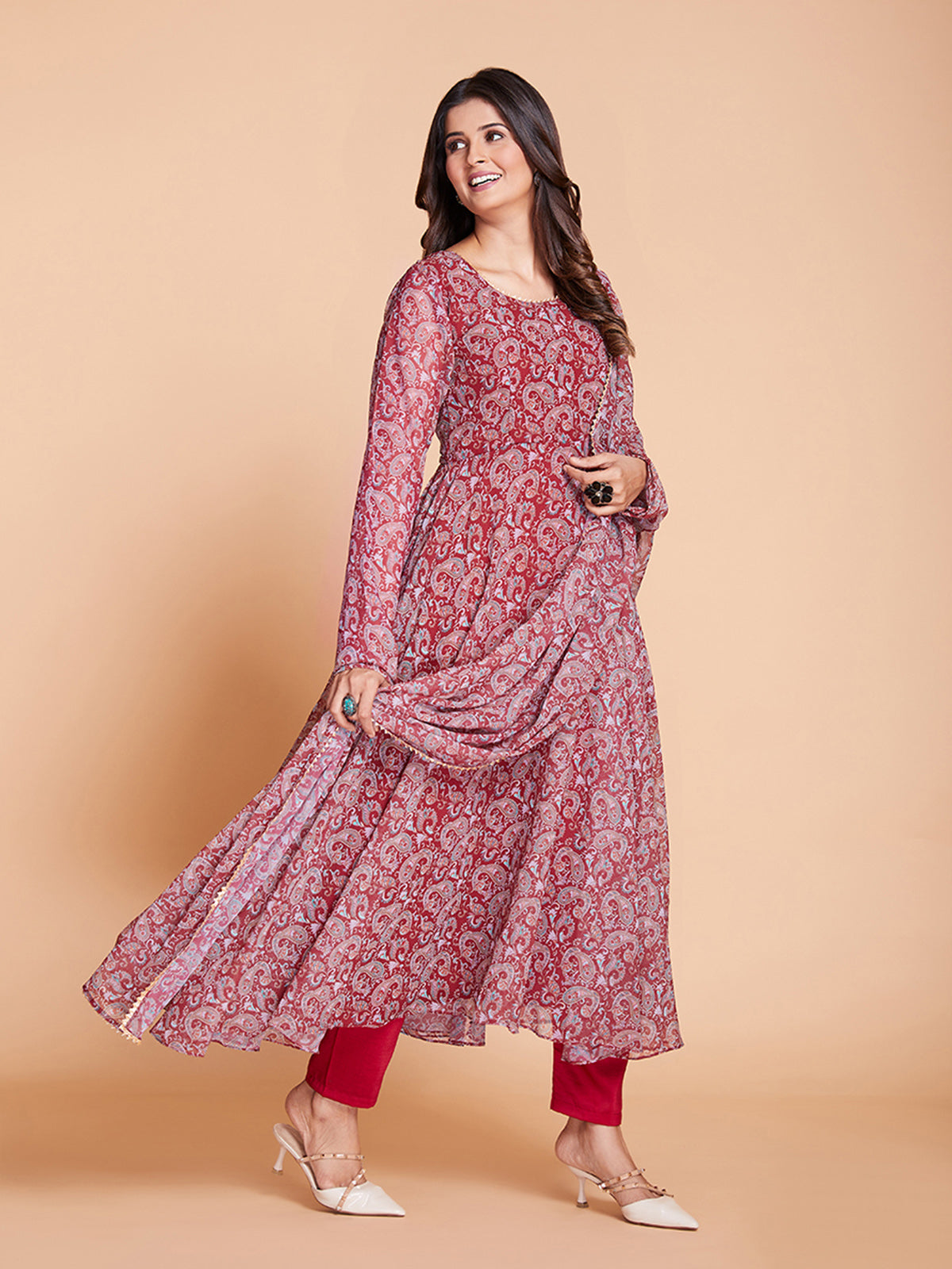 Maroon Faux Georgette Printed Stitched Kurta Set