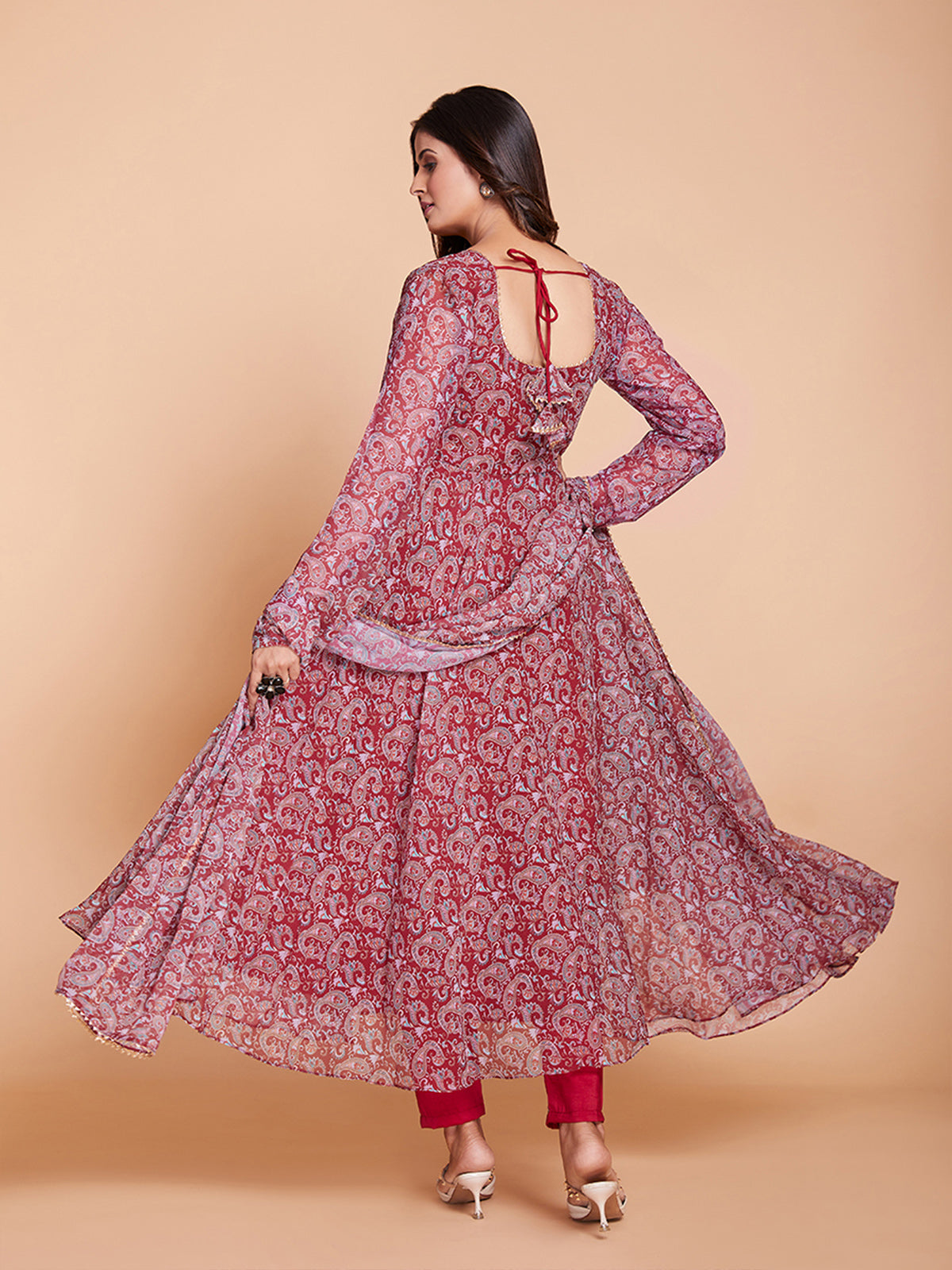 Maroon Faux Georgette Printed Stitched Kurta Set