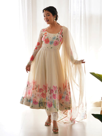 Rajwada Women Cream Faux Georgette Printed Stitched Kurta Set