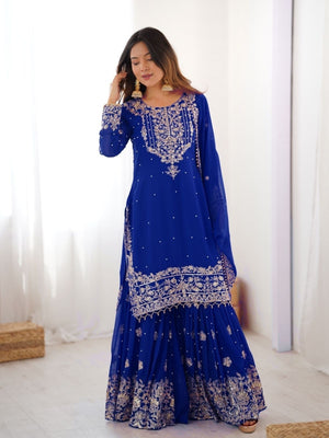 Rajwada Blue Georgette Embroidered Stitched Kurta Set For Women